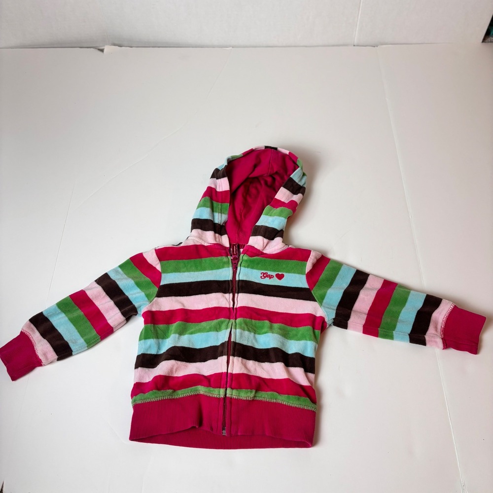 Vintage BabyGap Toddler Girls‎ Velour Striped Zip Up Hoodie Heart 2T Y2K Spring